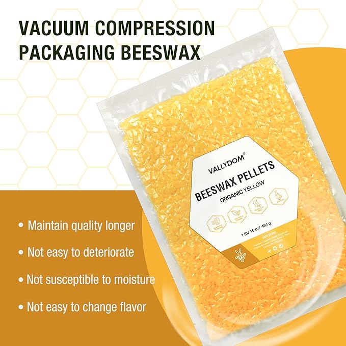 VALLYDOM Organic Beeswax Pellets - 453g Yellow Beeswax Pastilles, Pure Natural Bulk Bees Wax Pellets for DIY Beeswax Making Candles Skin Care Lip Balm Soap Lotion (1lb)