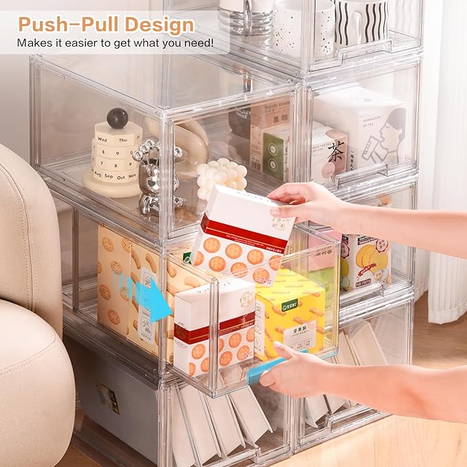 3 Packs Large Plastic Stackable Storage Drawers, DILIBRA Clear Storage Bins Organizer with Pull Out Drawers, Snacks Storage Organizer for Kitchen Cabinet Closet Shelf Pantry Organizers and Storage