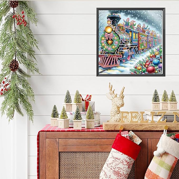 Xmas Train 5D Special Shape Diamond Art Kits for Beginners, Christmas Winter Theme Diamonds Painting Kits for Adults,DIY Crystal Rhinestones Diamond Paintings for Home Wall Decor 12×12Inch
