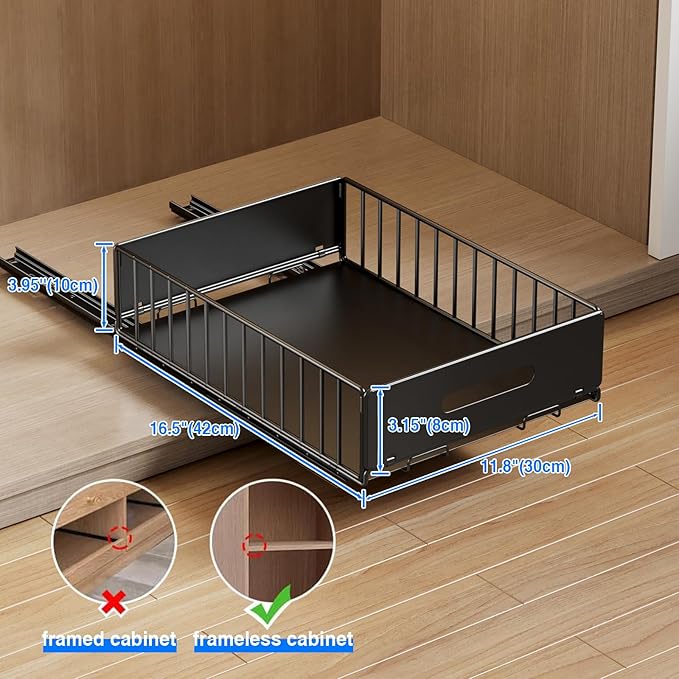 2 Pack Pull Out Cabinet Organizer, Slide Out Drawers for Cabinets, Peel and Stick, Heavy Duty Shelves for Kitchen, Cupboard, Pantry, Bathroom (16.5"D*11.8"W*3.94"H-Black)
