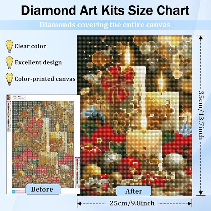 XTCIXAL Christmas Diamond Art Kits for Adults, Candle Diamond Painting Kit, DIY Beginners Gem Art Suitable for Gifts and Home Wall Decor - 12x16 Inch