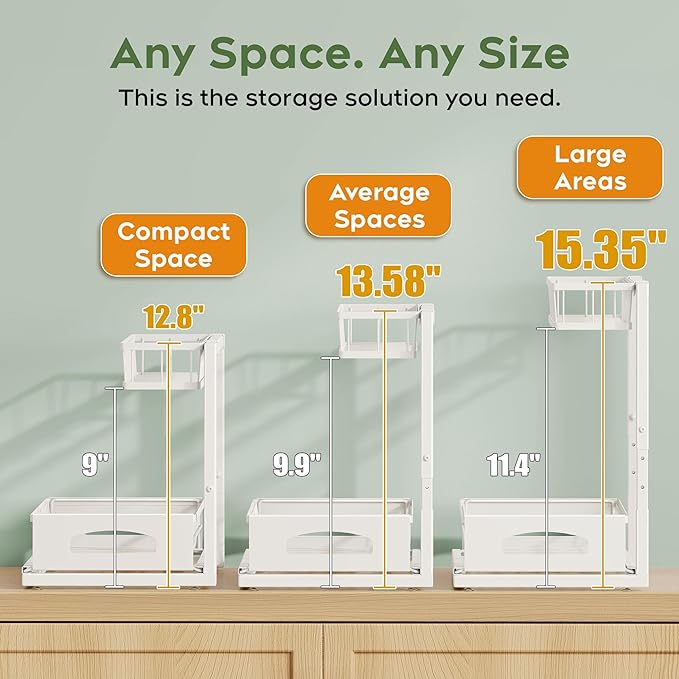Under Sink Organizer, Cabinet Organizer for Kitchen, Height Adjustable Pull Out Heavy Duty 2 Tier Metal Under Sink Storage for Bathroom Pantry (White, 1 Pack)