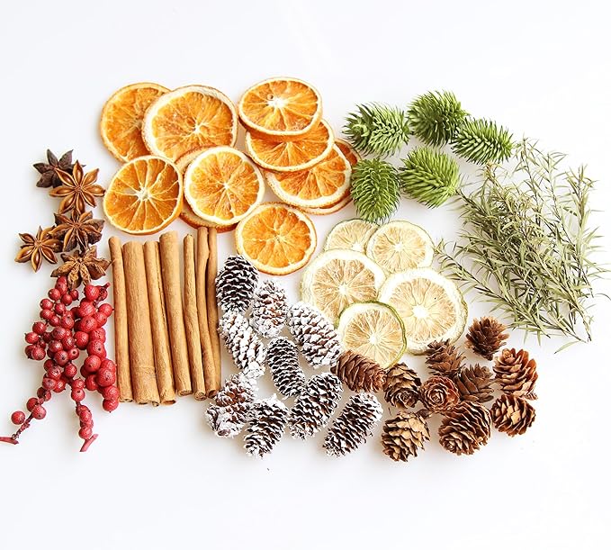 DIY Natural Dried Flower Kit - Bulk Dried Plants, Pine Cones, Scented Lemon Slices, Cinnamon Sticks Wood Roses & Mini Pinecones for Home Décor, Christmas Decoration (Orange - A)