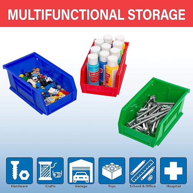 Akro-Mils 30220 AkroBins Plastic Storage Bins, Space-Saving Stackable Bins for Garage, Pantry, Craft Organization, 7" x 4" x 3", Red, 24-Pack