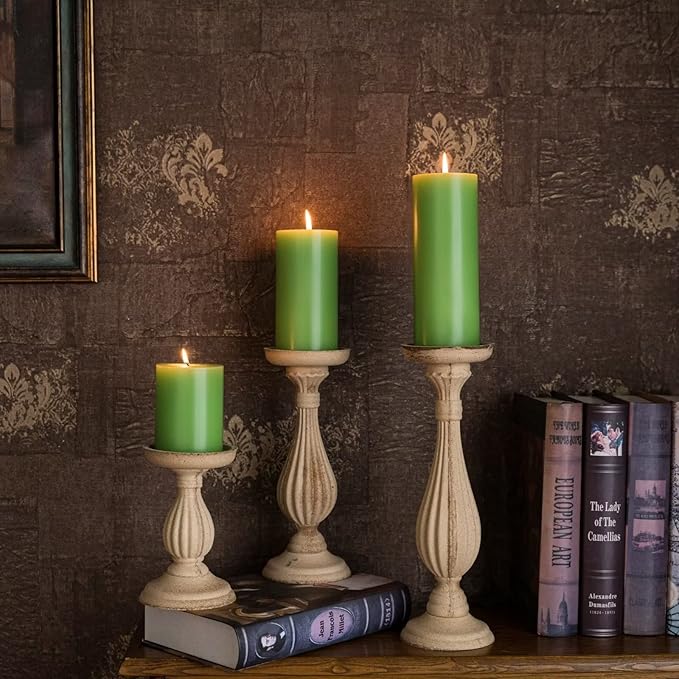 MOZEAL 3" x 6" Hand-Poured Unscented Candle,Dripless Pillar Candle Set of 3,Long Lasting Burning,Approx 120 Hours Burn Time,Rustic Country Style,for Wedding,Dinner,Christmas and Home Decor,Green