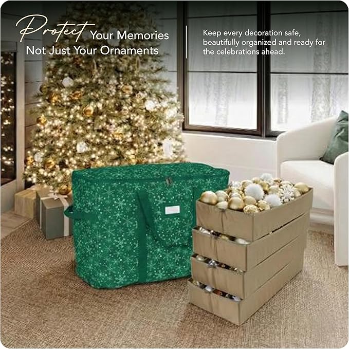 Covermates Keepsakes Adjustable Ornament Storage Bag – Heavy-Duty Polyester, Padded Dividers & FlexGrid Trays – Protective Holiday Ornament Organizer with Handles & Label Window, Green Snowflake