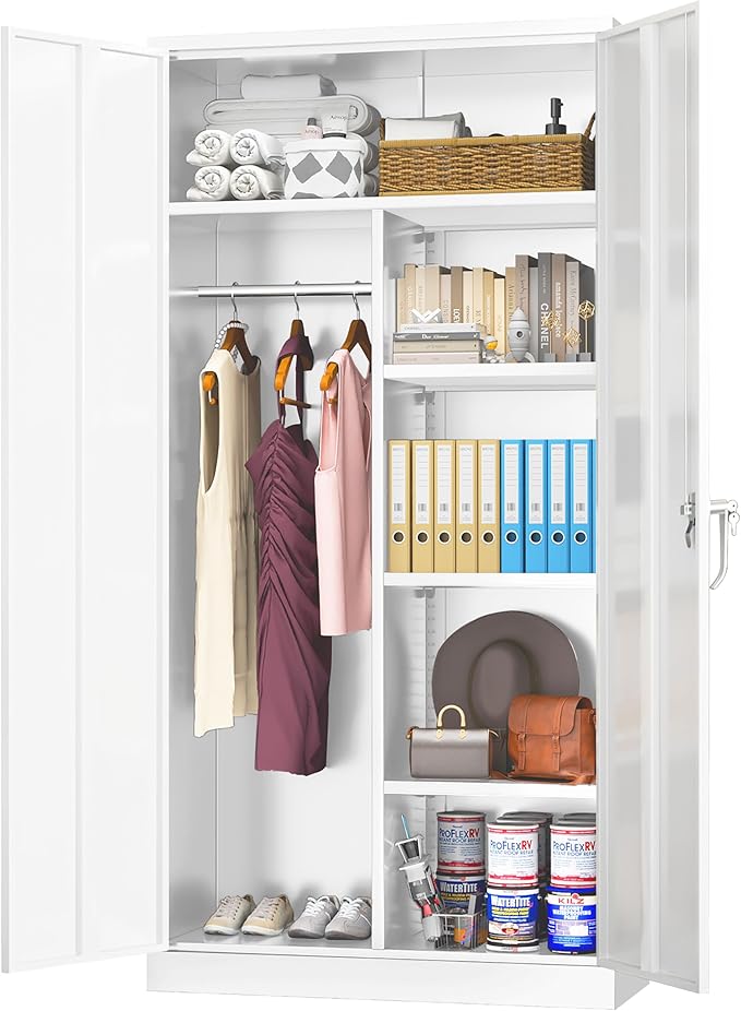 Greenvelly Metal Storage Wardrobe with Lock, White Steel cabinets Locker, 72" X 36" X 18" Metal Cabinet with Adjustable Shelves for Home Office, Garage, School