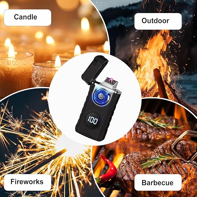 Electric Lighters Plasma Lighters Rechargeable with with LED LED Display and LED Emergency Lights Windproof USB Rechargeable Lighter Cool Lighte for Candle,Camping,Gift(Matte Black)