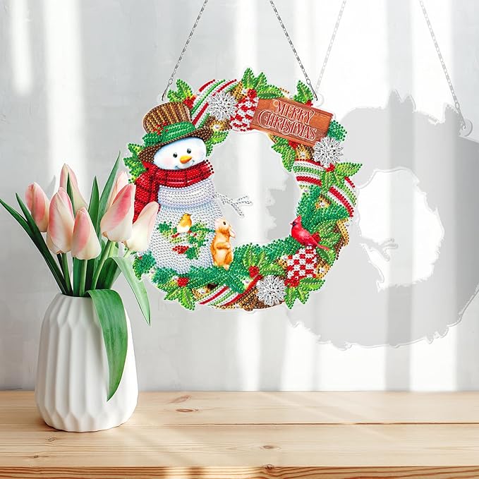 Crystal Painting Snowman Wreath with LED Lights String DIY 5D Diamond Art Painting Christmas Wreaths Hanging Pendant Special Shaped Diamond Gem by Number Stitch Kits for Outdoor Porch Home Wall Decor