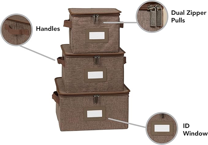 Covermates Dish Storage Box Set – China & Dinner Plate Storage Containers with Felt Dividers, Dual Zippers, Reinforced Handles, ID Window & Stackable Design, Brown Heather