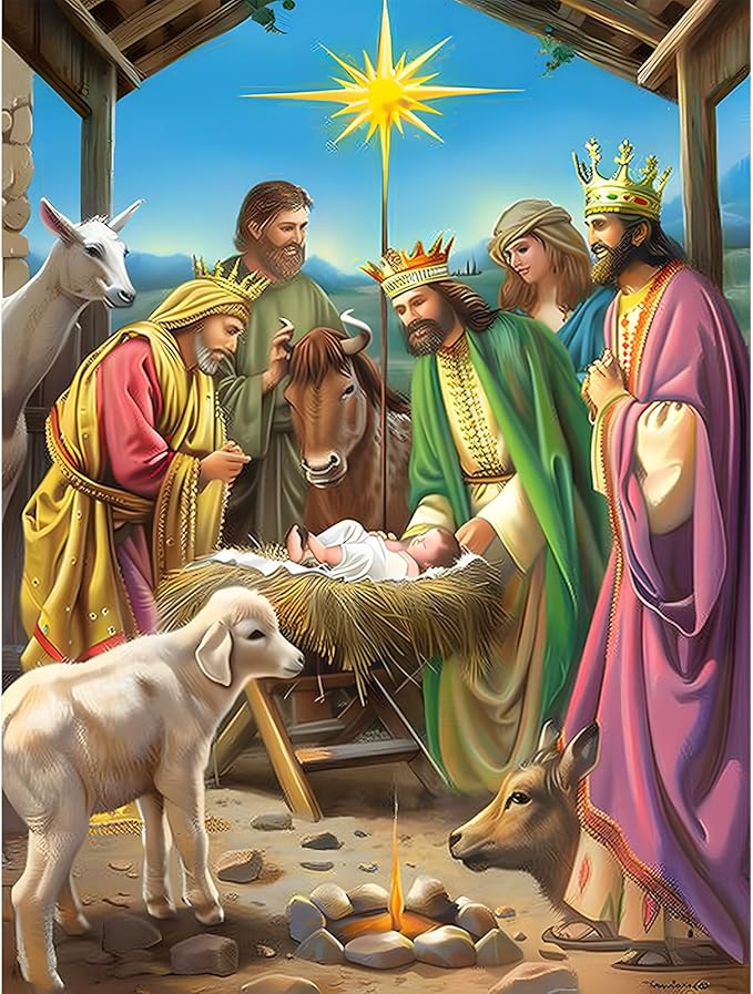 DOMROM Christmas Diamond Painting Kits, 5D Jesus Born Diamond Art Kits,Gem Art Painting with Diamonds Dots, Arts and Crafts for Beginners Adult Wall Decor 12 x 16inch