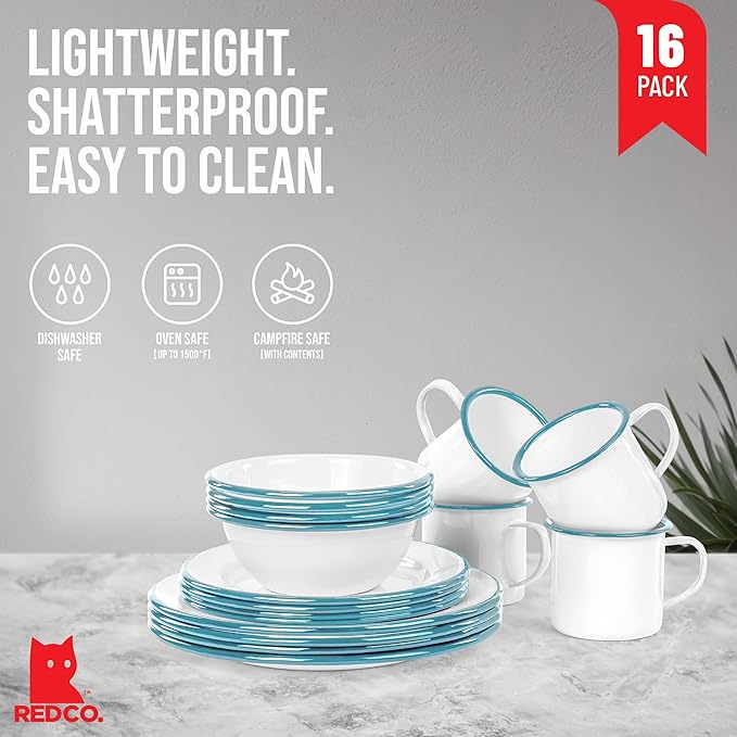 Red Co. 16-Piece Enamelware Metal Dinnerware Set for 4, Solid White/Teal Rim