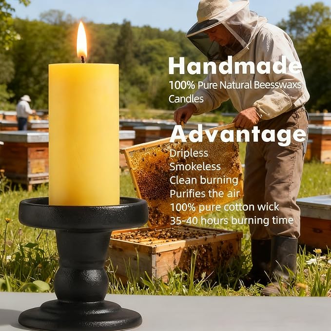 12 Pack Beeswax Pillar Candles, 420 Hours Long Burning Beeswax Candles,Unscented Bees Wax Candles Bulk for Home Paryer Party, Smokeless, Dripless