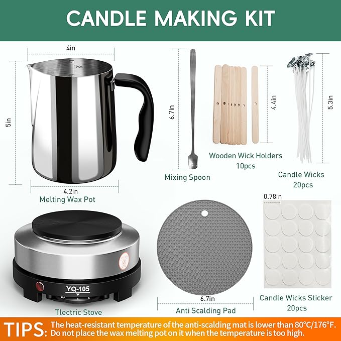 Zapstarz Candle Making Kit with Hot Plate, Candle Making Supplies for Adults Beginners, Wax Melting Pot with Stirring Spoon, Anti-Scalding Pad, Candle Wick, Centering Device, Wick Stickers