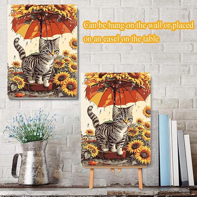 Meothan Framed Paint by Numbers Kits for Adults, Cat Paint by Numbers for Adults Beginners, Sunflower Paint by Numbers Kits on Canvas with Framed for Home Wall Decor 12x16inch (with Easel)