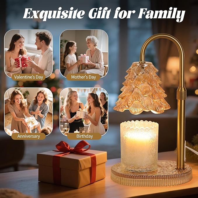 Christmas Tree Shaped Candle Warmer Lamp with Timer & Dimmer – Adjustable Wax Melt Lamp for Jar Candles, Home Decor Accent for Women – 2 Bulbs, Flame-Free & No-Smoke Use (Amber)