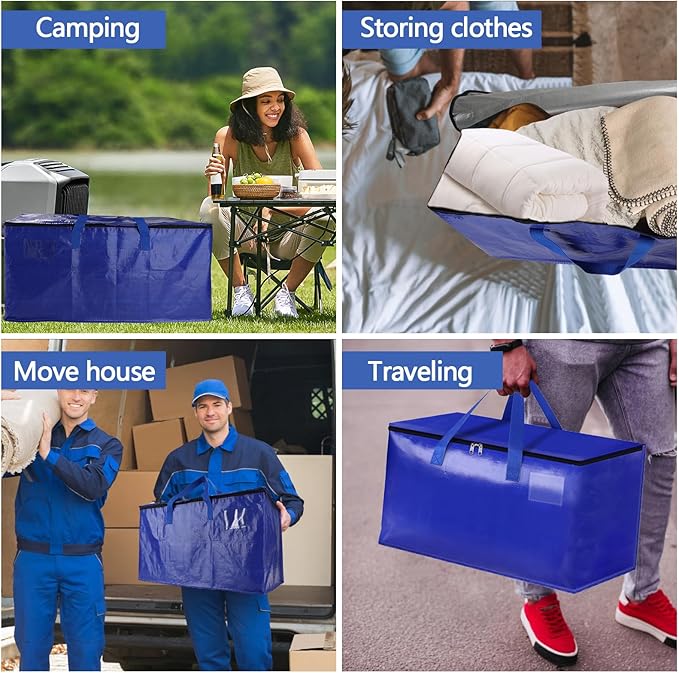 12 Pack Waterproof Moving Bags with Strong Zippers and Reinforced Handles, Real 100lb Capacity Extra Heavy Duty Large Storage Totes for Packing & Moving Storing, Alternative to Moving Boxes -95L,Blue