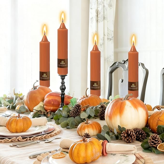 4 Pack Handmade 7 inch Pumpkin Taper Candles Sticks Unscented Short Tapered Candle Ideal as Smokeless Long Burning Candlesticks for Halloween Thanksgiving Dinner Autumn Wedding Home Decor Candles