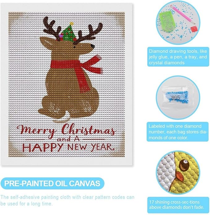 Diamond Painting Kits for Adults - Merry Christmas And Happy New Year Red Antlers & Scarf Painting DIY 5D Full Drill Diamond Dots Paintings with Diamonds Gem Art And Crafts Home Decor 16"x20"