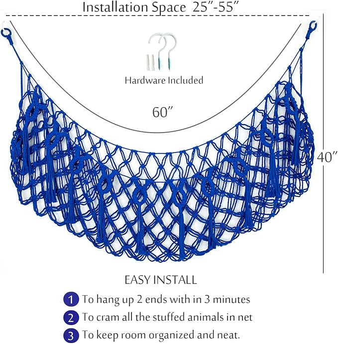 Stuffed Animal Storage Hanging Net or Hammock for Stuffed Animals Handmade Macrame Toy Hammock Plush Toy Hammock Organizer (Blue)