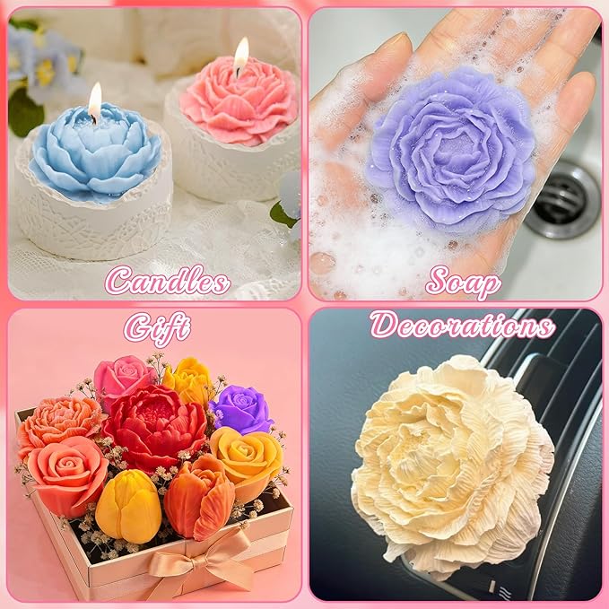 6 Pcs Flower Candle Molds, Different Flowering Peony/Rose/Tulips 3D Flower Silicone Molds for Candle Making, Handmade Soap, Epoxy Resin Casting Floral Home Decor, Wedding/Valentine/Mom Gifts