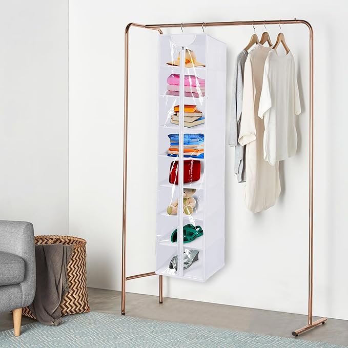 8 Tier Clear PVC Closet Hanging Organizer with Zipper, Foldable Hanging Closet Organizers and Storage, Hanging Clothes Storage Organizer, hanging shoe organizer, White Closet Shelves