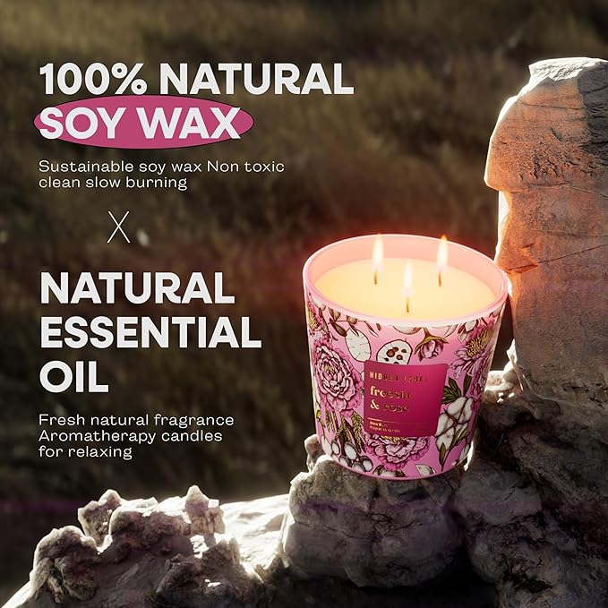Scented Candle for Women, 30oz 3-Wick Natural Soy Wax, Up to 100 Hours Long-Lasting Clean Burn, Non Toxic Large Jar Aromatherapy Candle, Freesia Rose, Gifts for Women