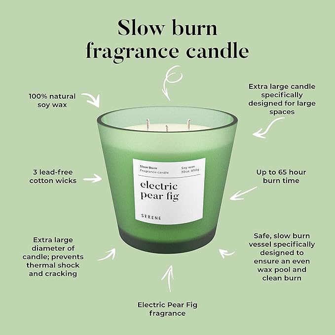Hidden Label Electric Pear Fig Scented Candle, 30oz Large 3 Wick Natural Soy Wax Candle, 120 Hours Slow Burn Aromatherapy Candle for Home, Serene Collection Luxury Home Décor