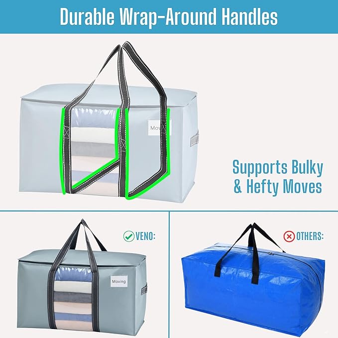 VENO 2 Pack Moving Bags with Clear Window, Heavy Duty Storage Bins with Lid, Around Handles, Tag, Zippers, Extra Large Totes Packing Moving Boxes Supplies for College Dorm Clothes (Light Blue)