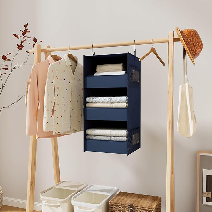 3-Shelf Hanging Closet Organizer and Storage, Foldable Hanging Closet Shelves Front Lip Design Washable Hanging Storage, Navy Blue