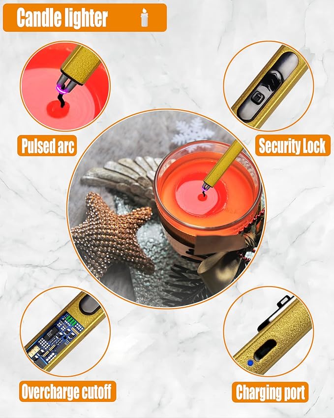 YOUTUOY 5 in1 Candle Accessory Set with Rechargeable Candle Lighter, Candle Wick Trimmer, Candle Wick Snuffer, Candle Wick Dipper, Storage Tray Plate, Candle Care Kit (Gold)