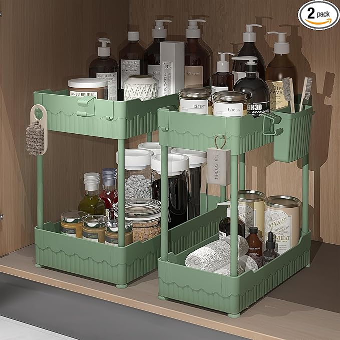 2 Pack Under Sink Organizer, Under Bathroom Cabinet Organizer with Hooks Hanging Cup, Multi-Purpose Storage Shelf for Kitchen Bathroom (Green, 12.8 Inch)