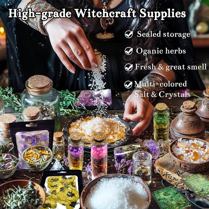 Ainswei Witch Spell Jar Kits,Witchcraft Supplies 145 PCS, Witchcraft Starter Kit Include Spell Candles Crystals Dried Herbs Gift, Versatile Tools Gifts for Beginner Experienced Witch