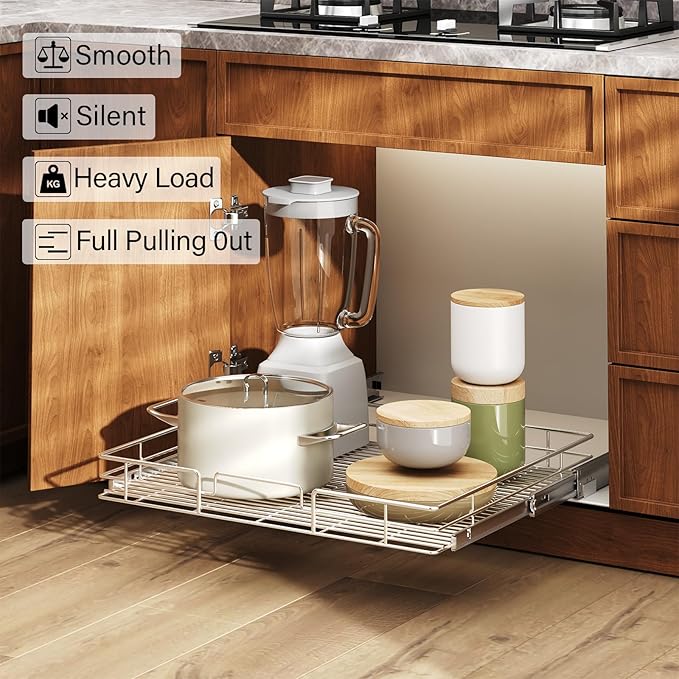 LOVMOR Pull Out Cabinet Organizer and Storage 27" W x 21½" D, Slide Out Shelves for Kitchen Cabinets