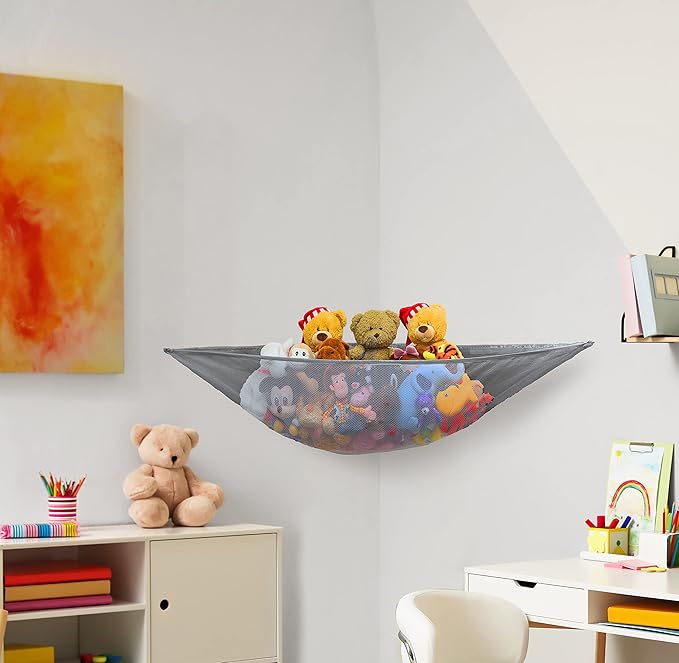 Simple Houseware 2 Pack Stuffed Animal Toy Hammock Net, Corner Wall Storage for Kids Room, Gray