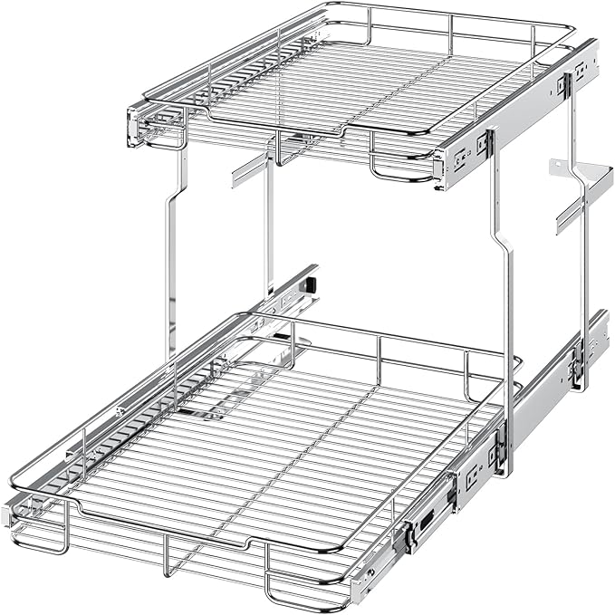 Delamu 14" W X 21" D Pull Out Cabinet Organizer, 2 Tier Heavy Duty Cabinet Shelf Organizers, Cabinet Slide Out Shelves for Kitchen, Pantry and Bathroom, Silver