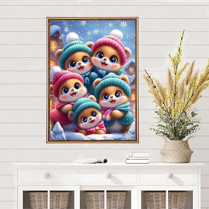 MEIYUDA Bear Diamond Painting Kits for Adults, 5D Winter Cute Bear Diamond Art Kits for Adult Beginners, Vintage DIY Full Diamond Art Painting Kit for Home Wall Decor Gift 12x16inch