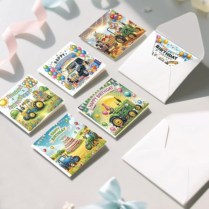5D Diamond Art Painting Greeting Cards Kit, DIY Cards for Blessings Congratulations Gifts, Greeting Card Set for Birthday Thanksgiving Day Christmas Halloween-Tractor Buggy