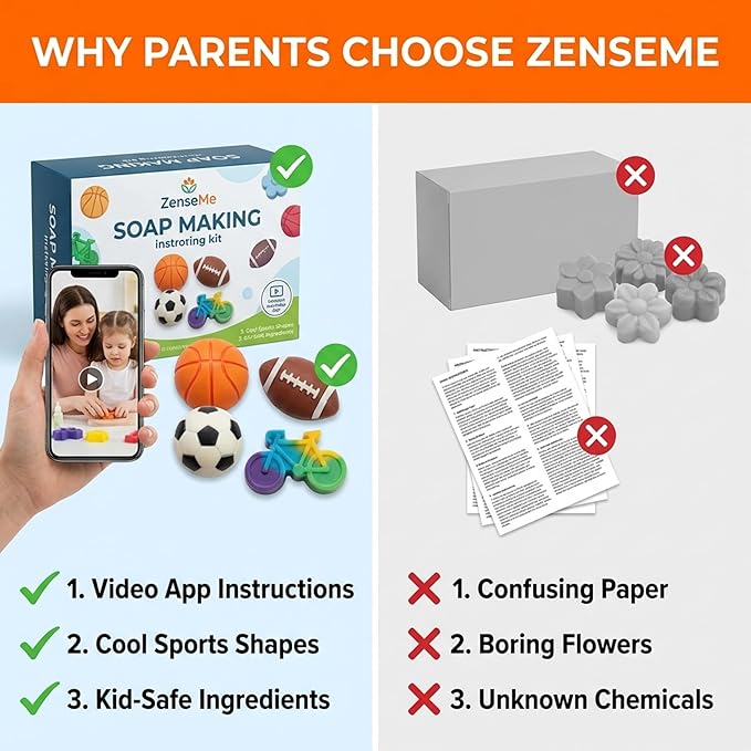 Soap Making Kit for Kids – DIY Soap Making Kit with Sports Shaped Soap Moulds (Basketball, Football, Soccer & Bicycle) Soap Making Supplies that Promote Hygiene DIY Kits for Kids Mobile App Included