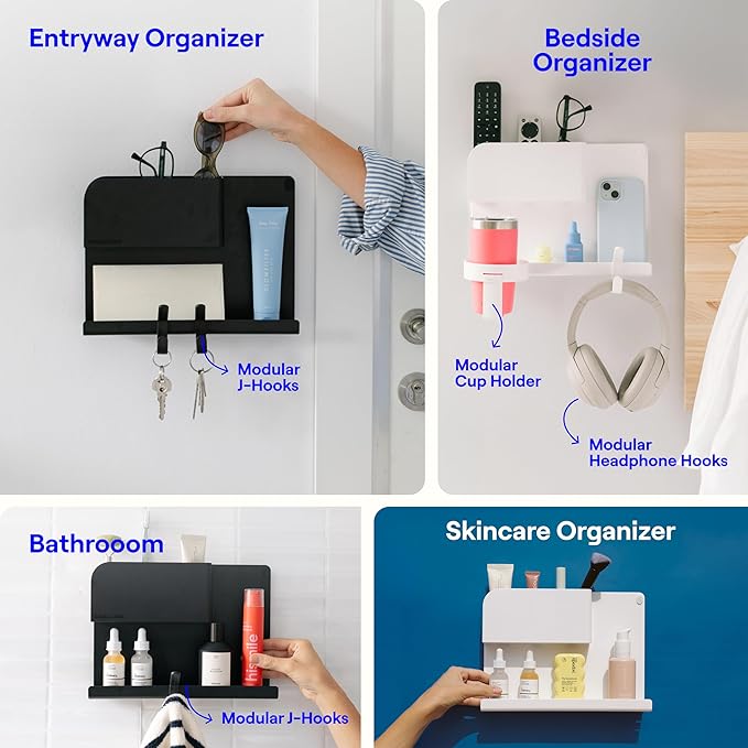 WallShelfie Bedside Wall Organizer & Dorm Decor - Dorm Room Essential, Floating Bedside Shelf Wall Mount Organizer, Remote Control Holder, Cool Teen Girls Trendy Stuff, Room Organization (Black)