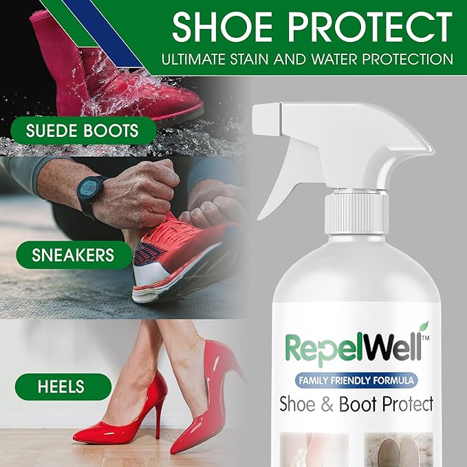 RepelWell Shoe & Boot Stain & Water Repellent (24oz) Eco-Friendly, Pet-Safe Spray Keeps Fabric, Leather & Suede Clean & Dry
