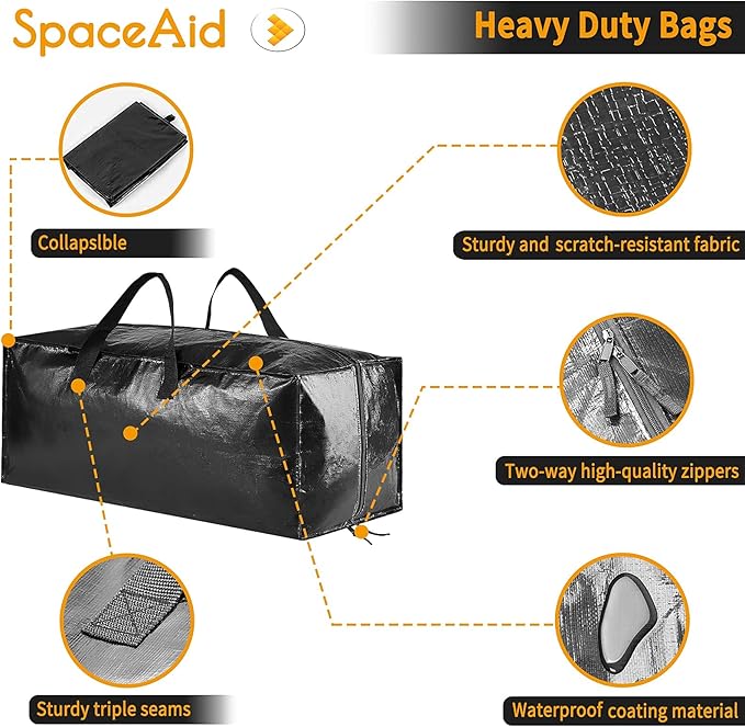 SpaceAid Heavy Duty Moving Bags, Extra Large Storage Totes W/Backpack Straps Strong Handles & Zippers, Alternative to Moving Boxes, Packing & Moving Supplies, Black (6 Pack)