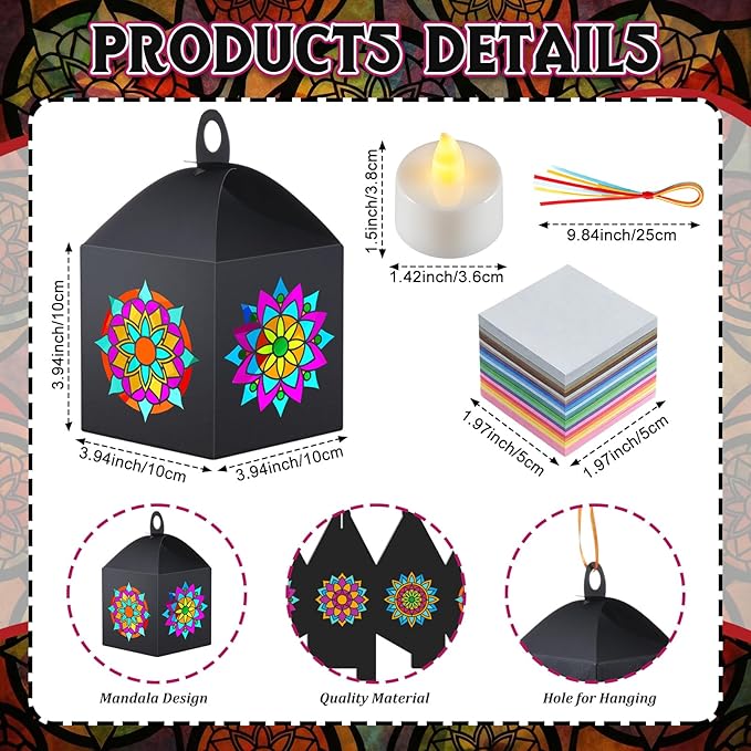 Simgoing 24 Sets Mandala Crafts with LED Candle Light Mandala Flower Tissue Paper Crafts Kits DIY Your Own Suncatchers Lanterns Hanging for Home Birthday Party Decoration Gifts Art Activities