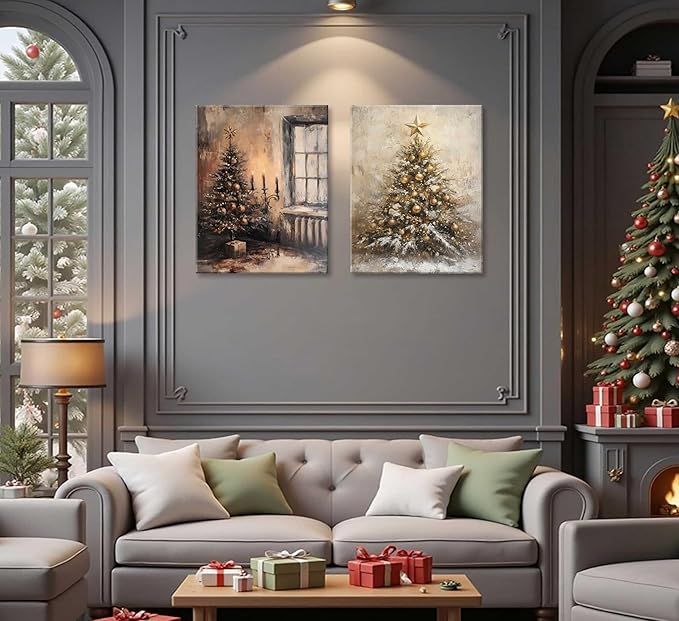 Paint by Number Kit with Inner Frame, 2 Pack 16x20 Inch Christmas Scenes - Vintage Tree & Golden Snowy Tree, DIY Acrylic Painting Sets for Adults Kids Gift