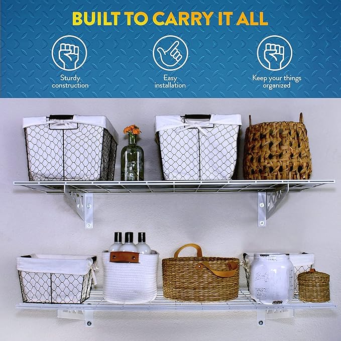 MonsterRax Garage Wall Shelf Two-Pack White or Hammertone Three Size Options Includes Bike Hooks 500lb Weight Capacity (White, 18"x36")