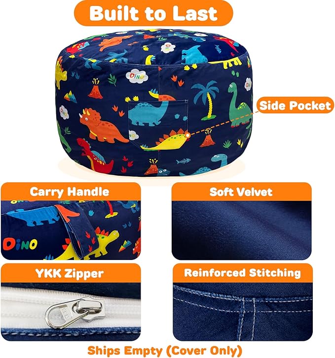 Lukeight Dinosaur Stuffed Animals Storage Bean Bag Chair Cover Only (Ships Empty, No Filling) - Velvet YKK Zipper Beanbag Cover for Toddlers and Kids, Washable Plush Toy Organizer, Large 27" D x 16" H