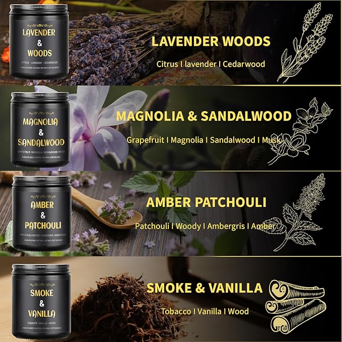 Scented Candles for Men, 4 Pack Mens Candle Gift Set, Relaxation Candles for Home Scented, 28oz Soy Wax Aromatherapy Candles of Lavender/Patchouli/Sandalwood/Smoke & Vanilla