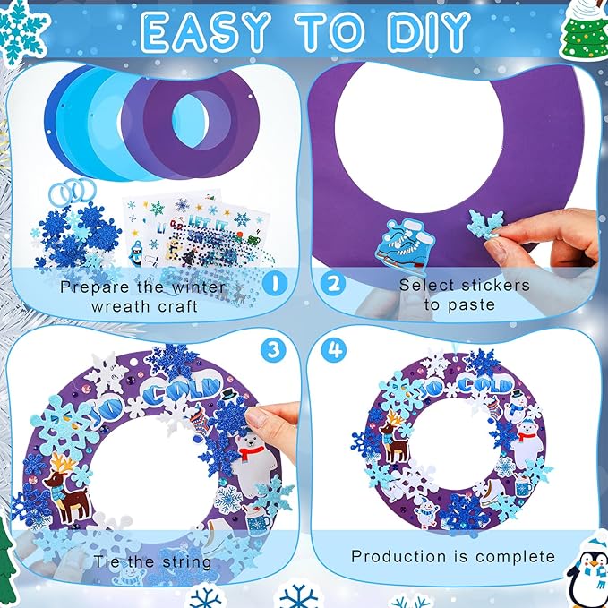 Hollowfly 48 Sets Winter Wreath Craft Kits DIY Snowflake Wreath Hanging Ornaments Make Your Own Paper Craft with Stickers for Winter Xmas Home Party Favors Activities