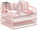 3 Tier Paper Letter Tray Organizer with Pen Holder for Desk, Black Metal Mesh Desk File Folder Sorter Organizer with Handle and Sliding Tray for Home, Office, School Supplies Organization(Pink)
