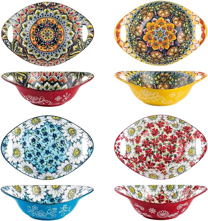 Henten Home Ceramic Salad Bowls Set, 19 oz Porcelain Soup Bowl Set of 4, Colorful Serving Bowls with Handle for Dinner, Pasta, Oatmeal, Bohemian Style, Microwave & Dishwasher Safe